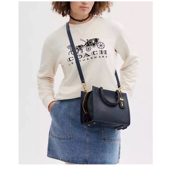 Coach Rogue 25 Regenerative Leather- Navy Blue Satchel with Gold Accents - Picture 3 of 13